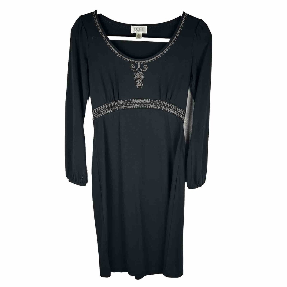 Ann Taylor Loft Black Dress Scoop Neck Empire Waist Taupe Embroidery 90s‎ Y2K
